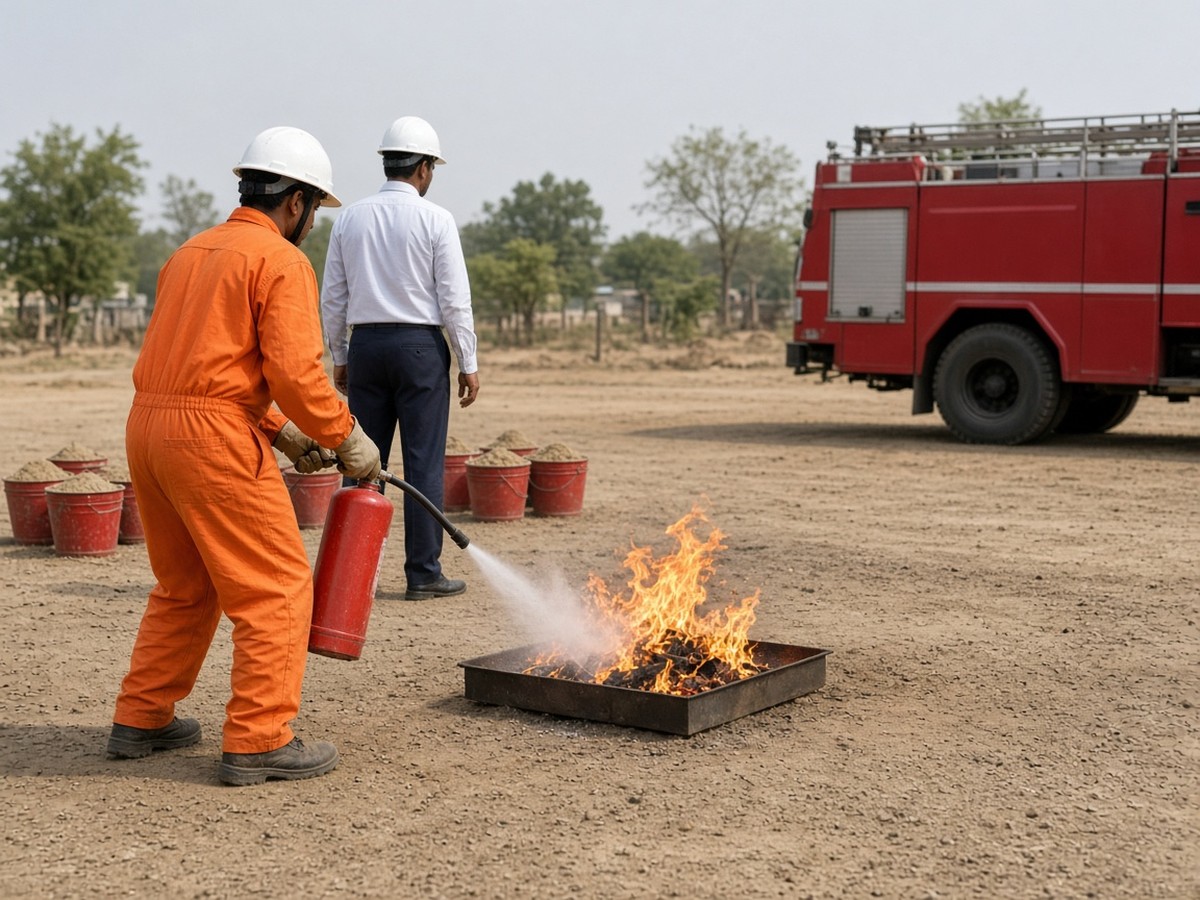 Trainee in orange coveralls and white helmet, seen from the side, using a red fire extinguisher on a small tray fire at an Indian fire-safety training ground, with a fire tender behind
