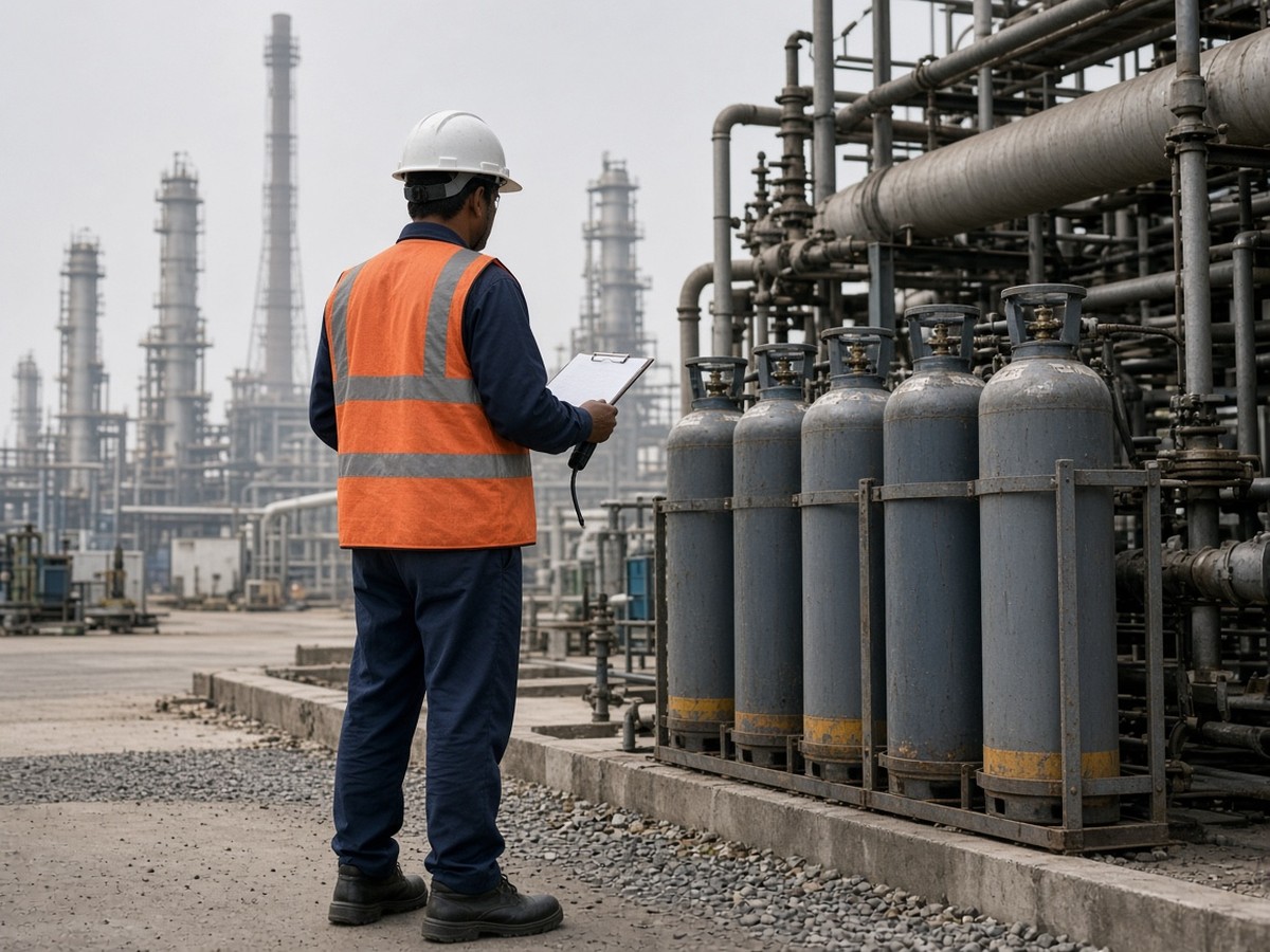 HSE officer in a white helmet and orange safety vest inspecting gas cylinders and pipelines at an Indian refinery