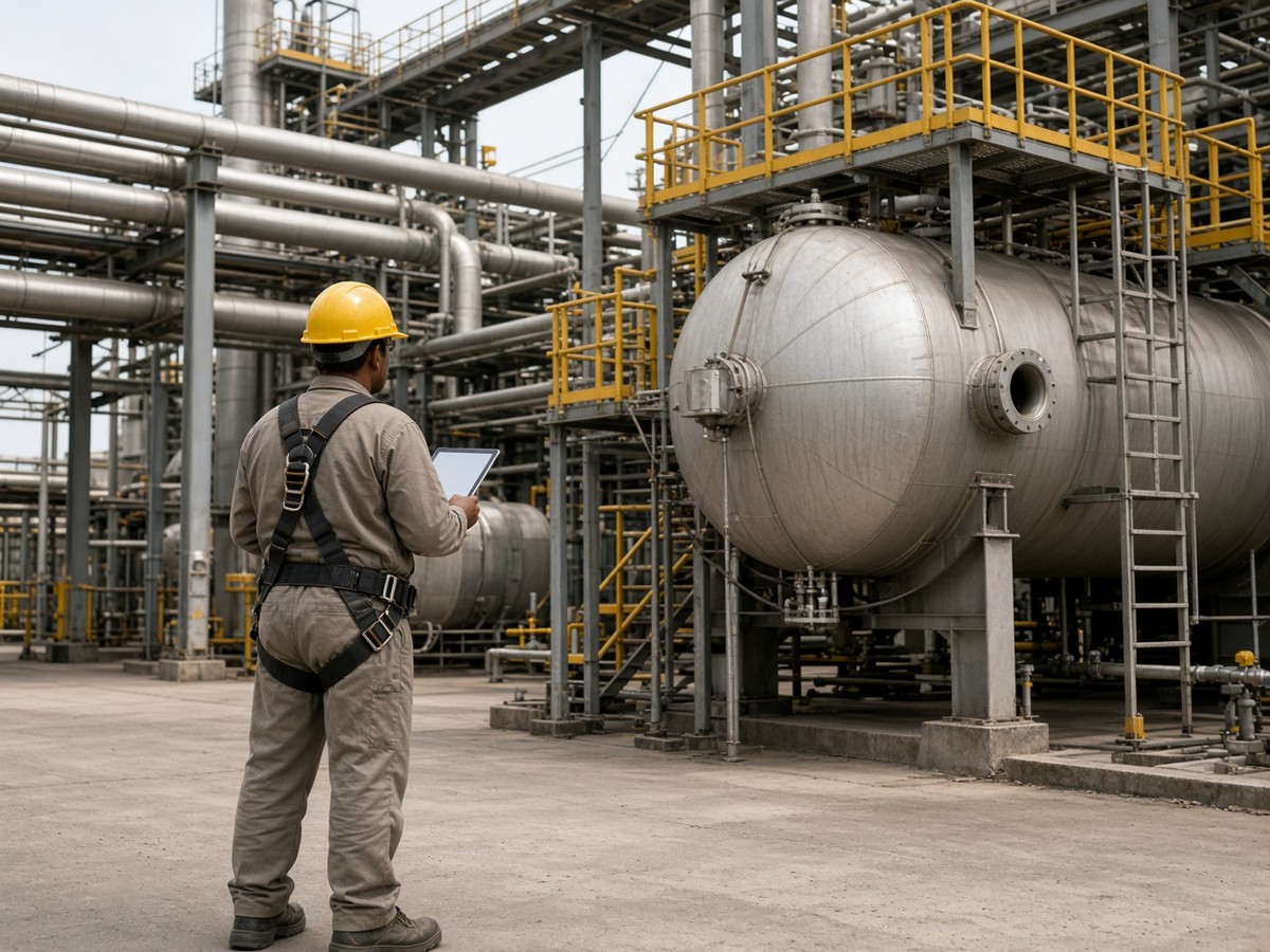 Safety engineer in a yellow helmet and safety harness, seen from behind, reviewing a pressure vessel and platforms at an industrial plant