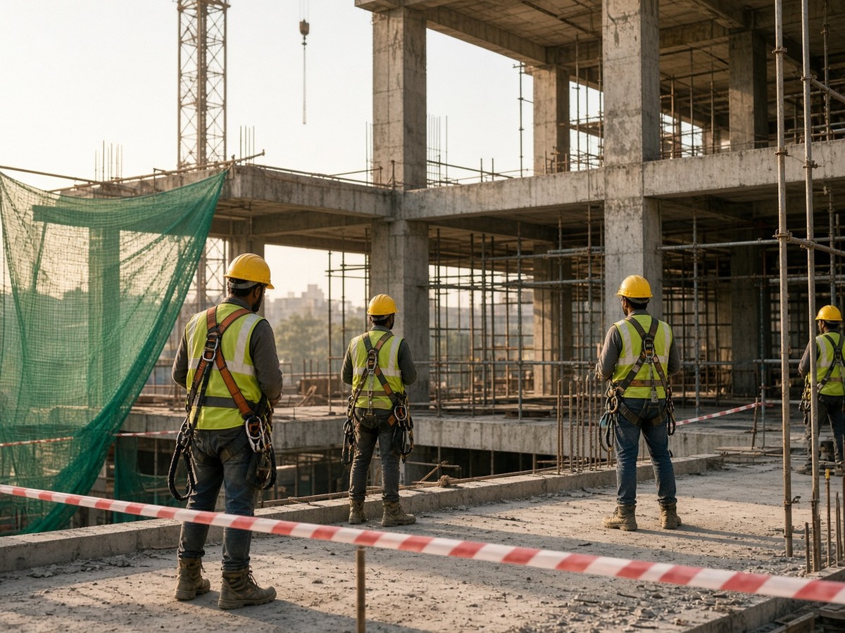 Construction workers in helmets, high-visibility vests and safety harnesses, seen from behind, at an Indian building site with scaffolding and safety netting